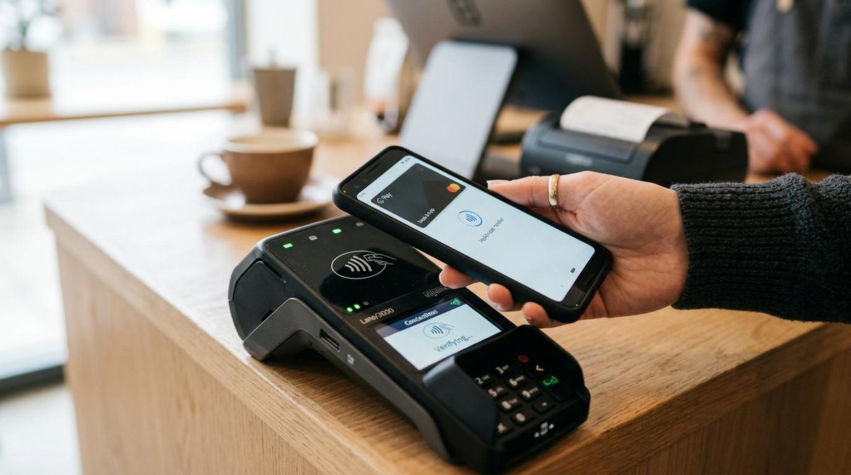 Como aceitar pagamentos com Apple Pay na sua loja usando o Mercado Pago 2 Pessoa aproximando o celular de uma maquininha de cartão para realizar pagamento