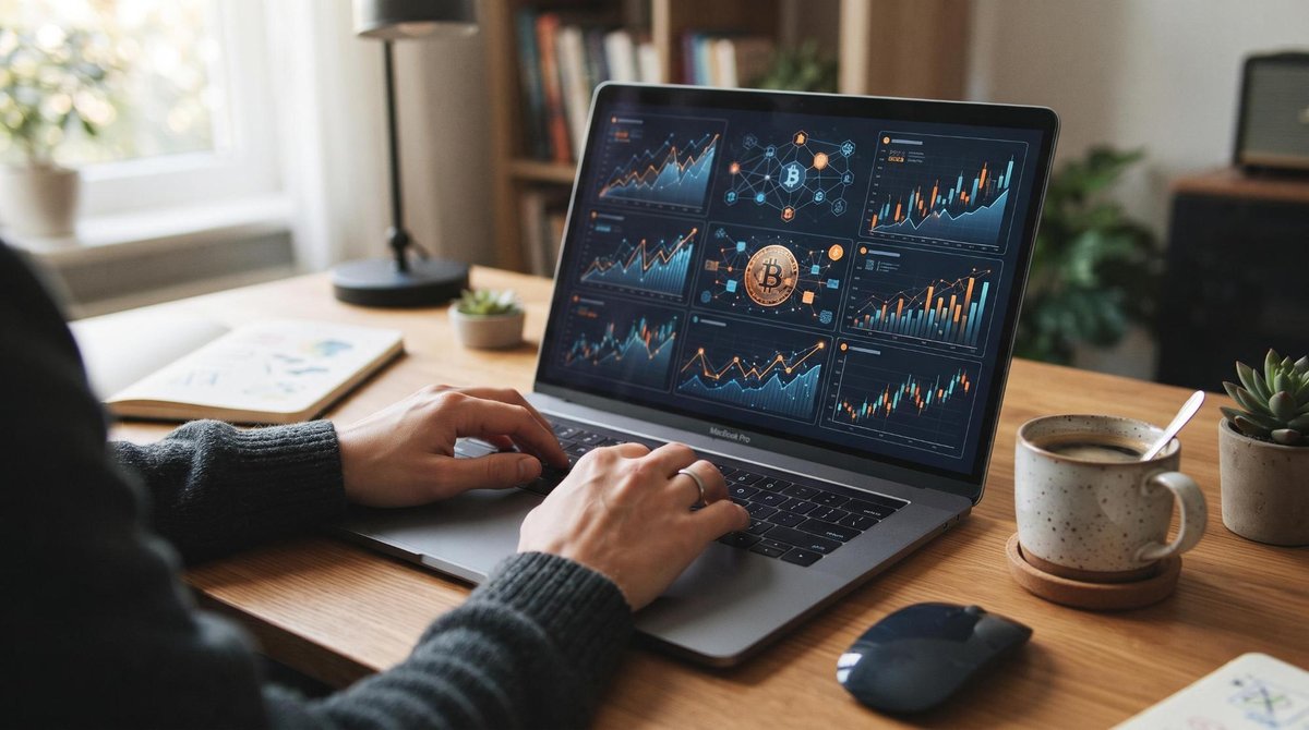 Mãos de uma pessoa digitando em um laptop com tela exibindo informações sobre Bitcoin e termos como blockchain e carteira digital, ambiente de home of