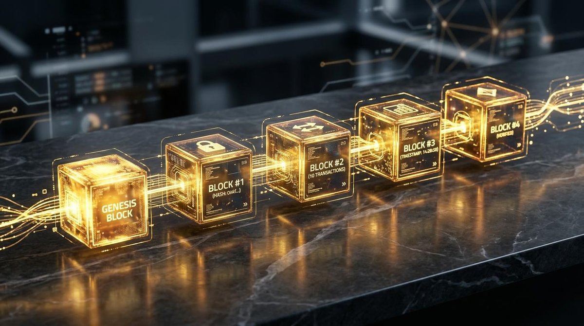 Representação visual de blocos digitais conectados formando uma cadeia iluminada em tons dourados sobre uma superfície escura elegante, simbolizando a