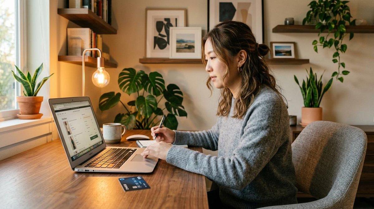 Cartão de crédito Mercado Pago tem cashback: como funciona e como aproveitar o benefício 3 Mulher olhando para um notebook enquanto faz anotações no tablet