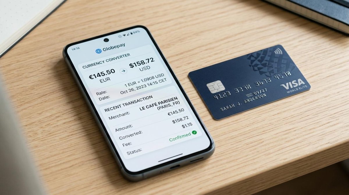 Celular aberto em um aplicativo de conversão de Euros para Dólares ao lado de um cartão