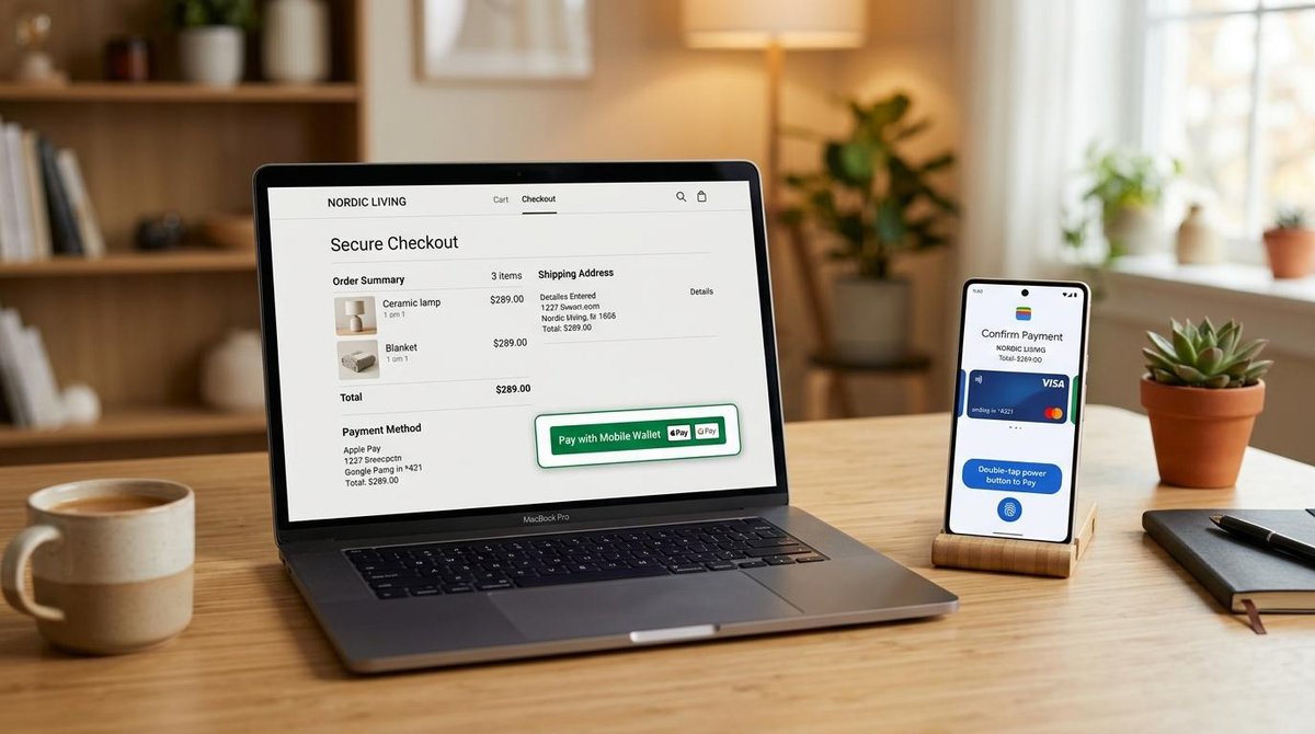 Computador e celular abertos em cima de uma mesa com aplicativos de banco e configurações em evidência