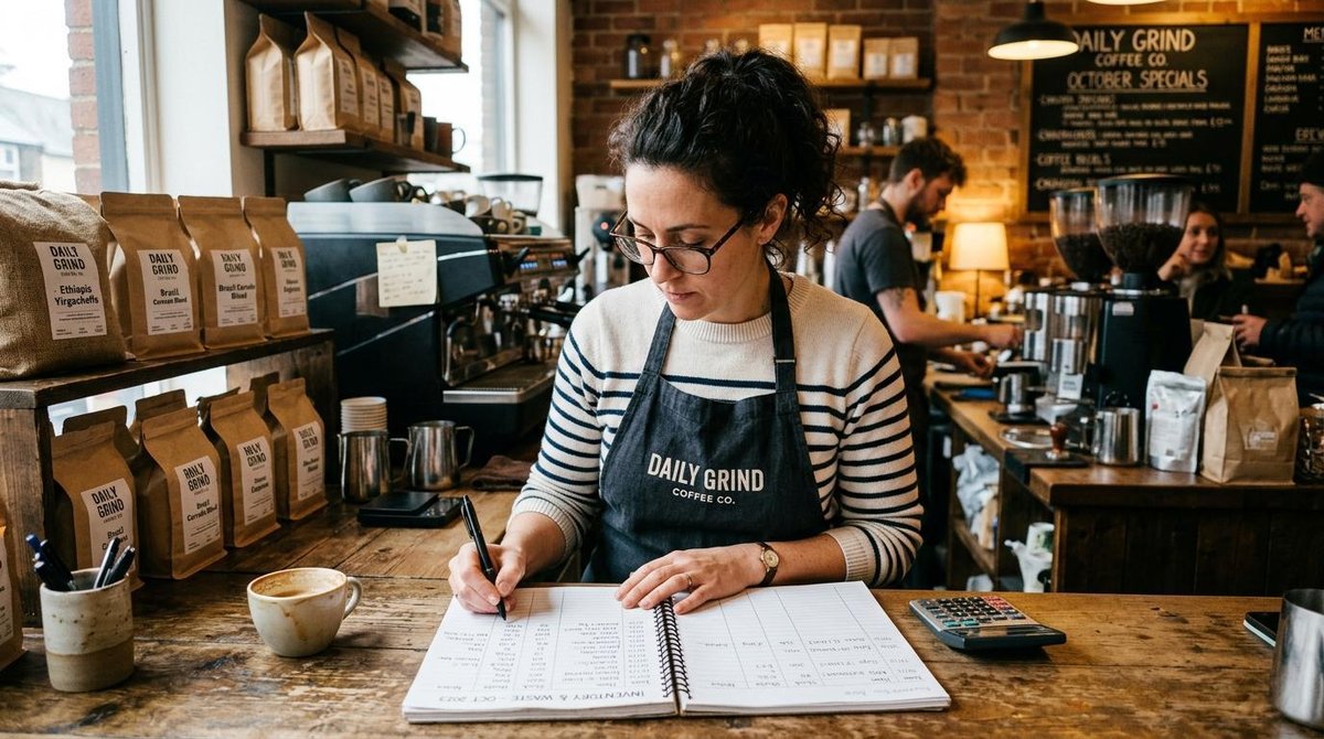 Como aplicar economia circular ao meu negócio: guia com estratégias e exemplos práticos 2 Dono de uma pequena cafeteria revisando anotações sobre insumos e resíduos em um caderno, com sacos de café e ferramentas de trabalho ao fundo, ambien