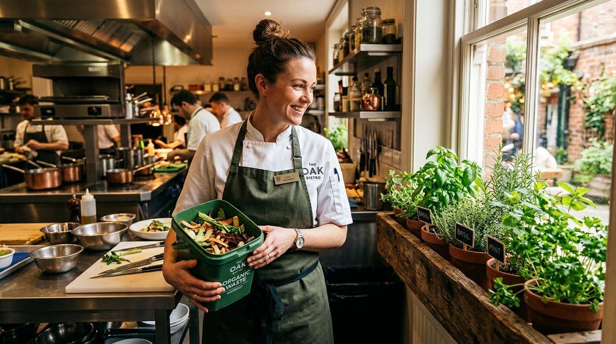 Como aplicar economia circular ao meu negócio: guia com estratégias e exemplos práticos 3 Chef de cozinha em um restaurante segurando um recipiente com resíduos orgânicos enquanto observa uma pequena horta de ervas ao fundo, ambiente profis