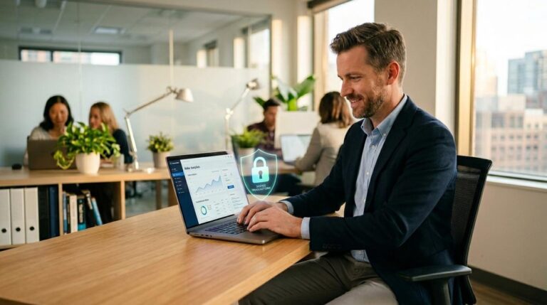 Homem sentado no escritório mexendo no notebook