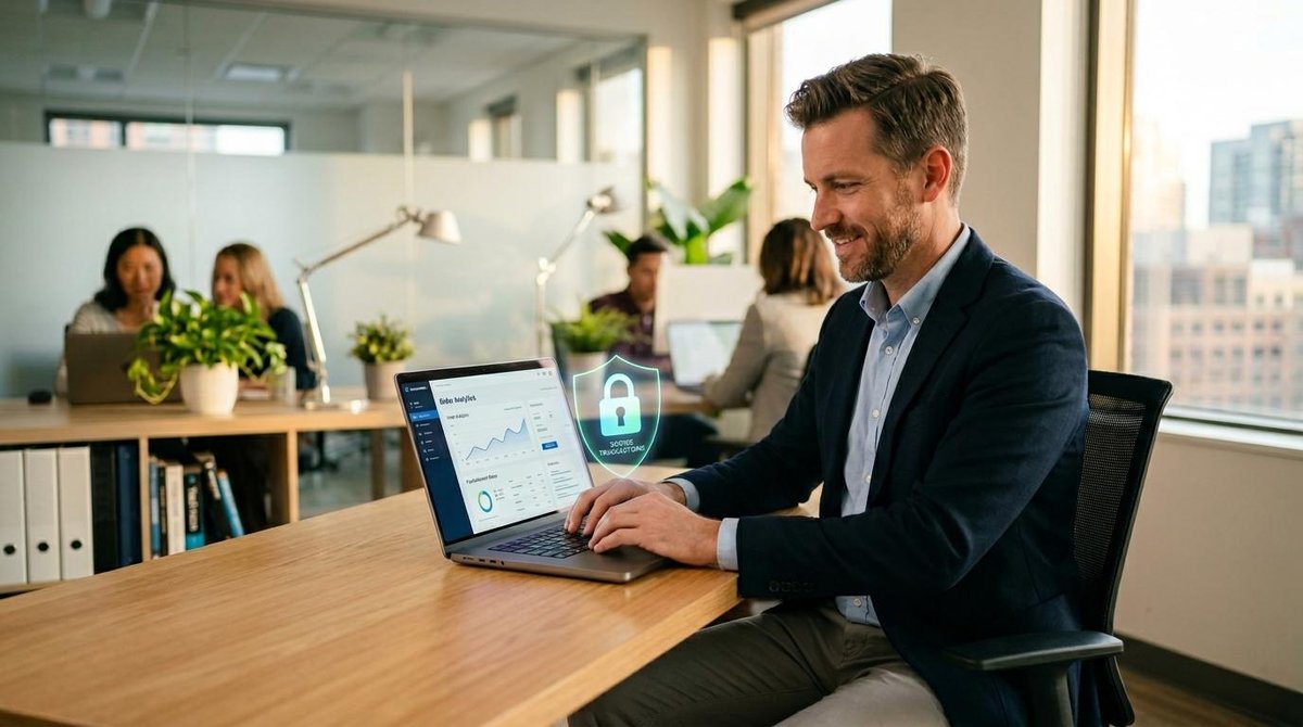 Homem sentado no escritório mexendo no notebook