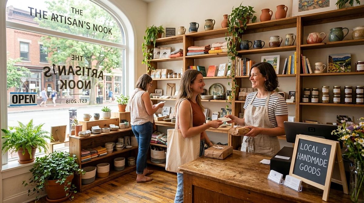 Como competir com grandes marcas sendo PME: estratégias que vão além do preço baixo 2 Empleada entrega un paquete a una cliente en una tienda de artesanías