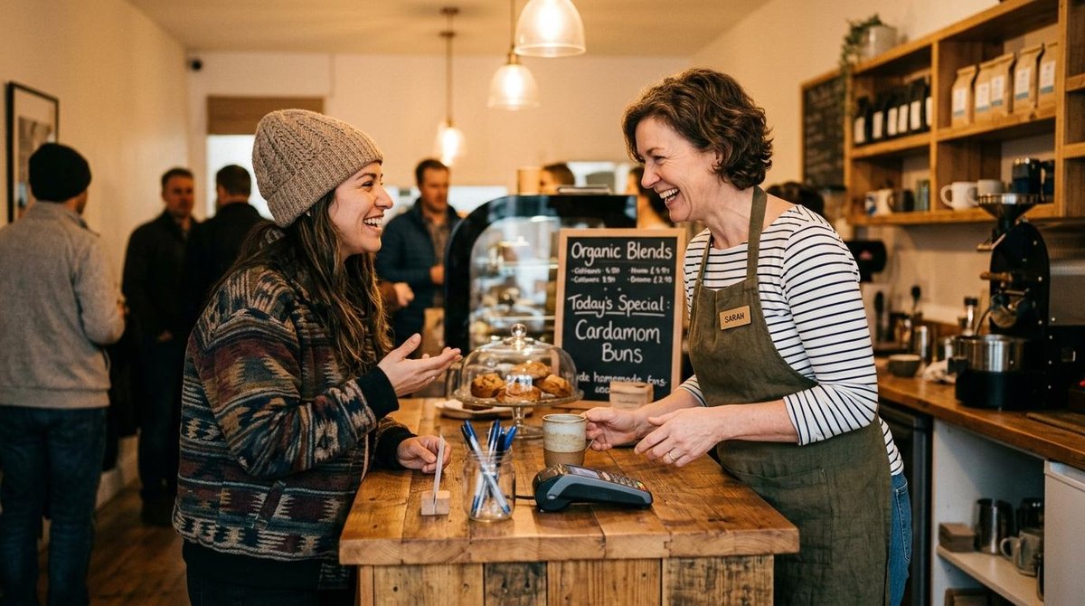 Como competir com grandes marcas sendo PME: estratégias que vão além do preço baixo 3 Una clienta sonríe mientras habla con una barista en una cafetería acogedora