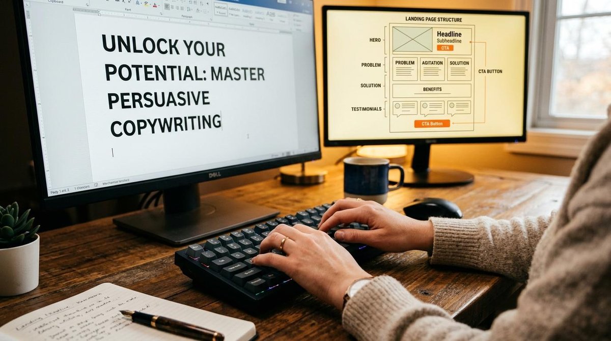 Persona escribe en un ordenador con texto sobre copywriting y estructura de página web