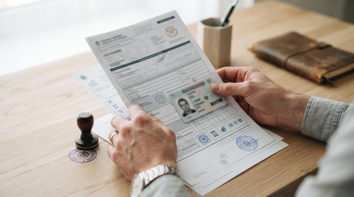 Mãos segurando documentos de câmbio e um cartão de identidade sobre uma superfície de madeira clara, com um carimbo oficial ao lado, transmitindo conf