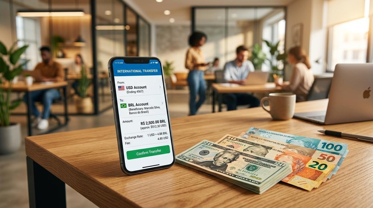 Smartphone exibindo uma tela de transferência bancária internacional ao lado de cédulas de dólar e real, com fundo desfocado de um escritório contempo