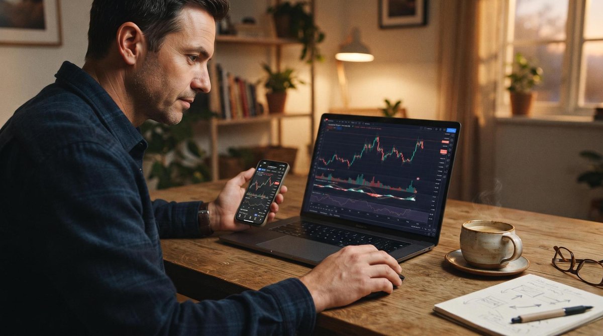Como investir em criptomoedas de forma segura no Brasil e proteger seu patrimônio digital 2 Um investidor analisando gráficos financeiros em um laptop e um celular sobre uma mesa de madeira, com uma xícara de café ao lado