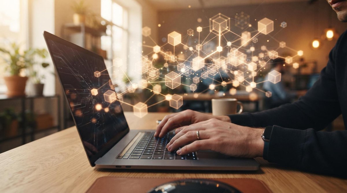 Como investir em criptomoedas de forma segura no Brasil e proteger seu patrimônio digital 3 Mãos digitando em um teclado de notebook com uma representação abstrata de blocos interligados flutuando suavemente ao fundo, simbolizando a tecnologi