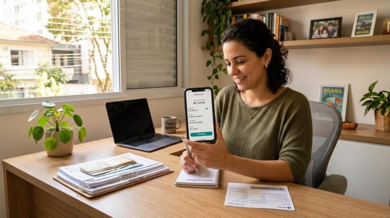 Mulher segurando um celular com um comprovante de pagamento aberto enquanto faz anotações no celular