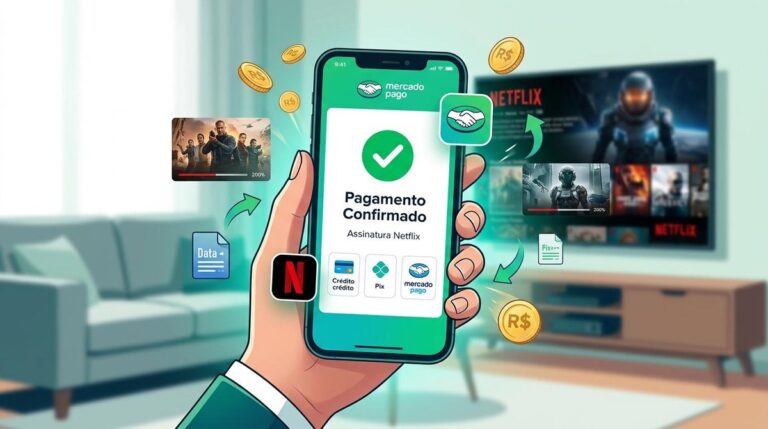 Celular com a aba de pagamento confirmado do Mercado Pago em aberto