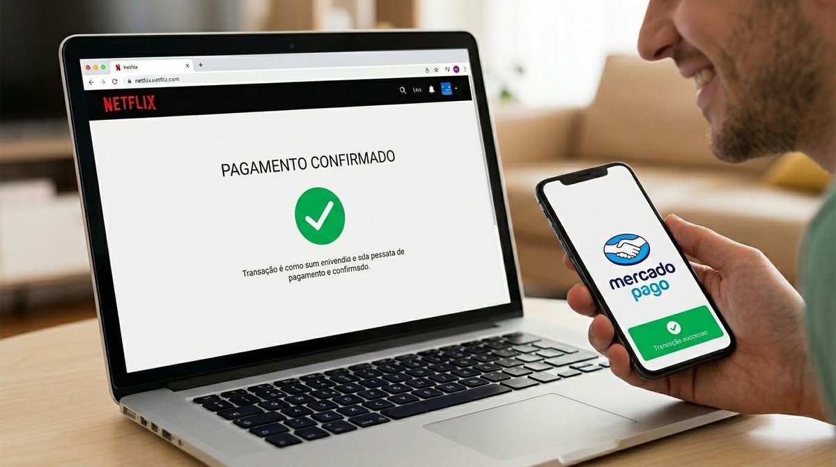 Homem na frente do computador pagando Netflix com o app do Mercado Pago
