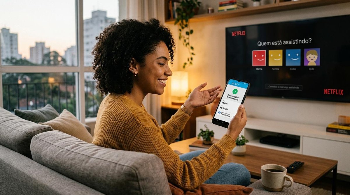 Mulher com celular em mãos finalizando um pagamento pelo Mercado Pago