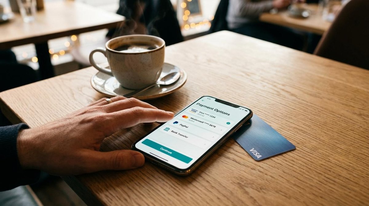 Como recarregar celular pelo Mercado Pago e aproveitar cada centavo do crédito 3 Pessoa com o celular em mãos escolhendo a forma de pagamento no aplicativo do banco