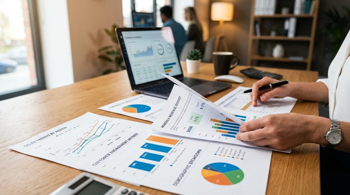 Como segmentar meus clientes para vender mais e criar ofertas que conectam 3 Persona revisa informes financieros con gráficos y datos en un escritorio