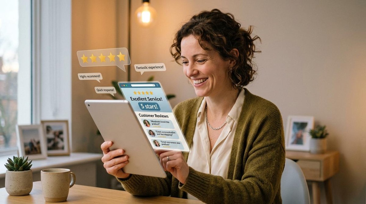 Mulher sorrindo olhando para o tablet enquanto vê as avaliações de serviço