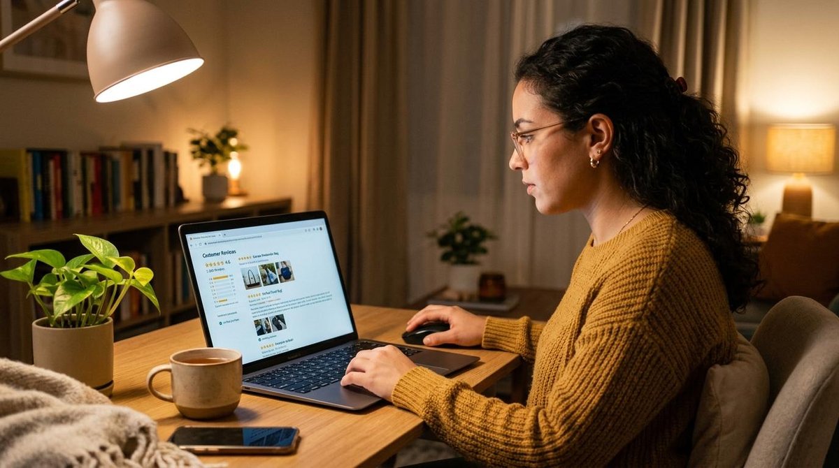 Como usar avaliações e depoimentos para vender mais no seu negócio digital 2 Mulher na frente do computador vendo as avaliações de serviço