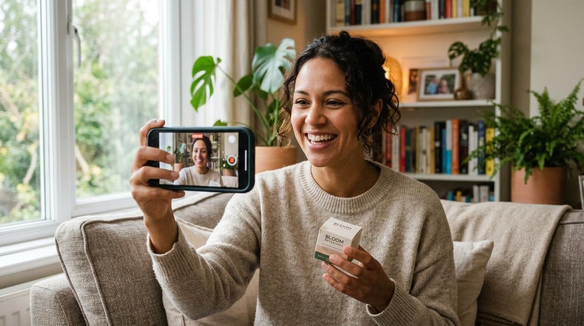 Como usar avaliações e depoimentos para vender mais no seu negócio digital 3 Mulher gravando vídeo fazendo review de um produto