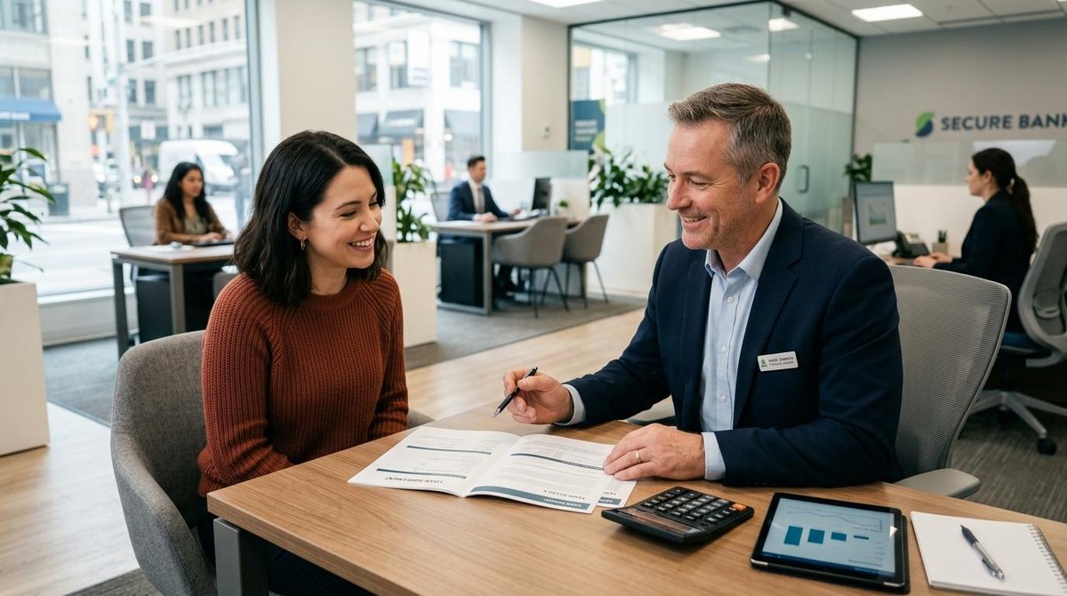 Crédito com garantia: o que é, como funciona e quando vale a pena contratar 2 Funcionário do banco apresentando papéis para uma cliente