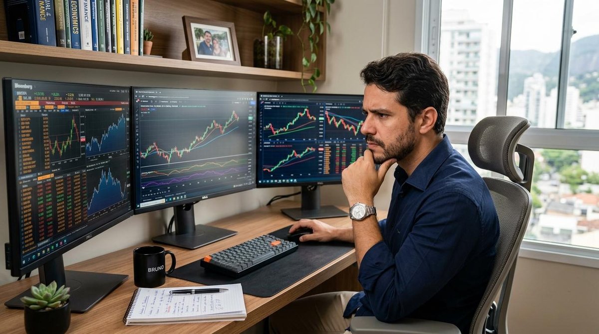 Pessoa analisando gráficos de investimentos internacionais em um notebook sobre a mesa
