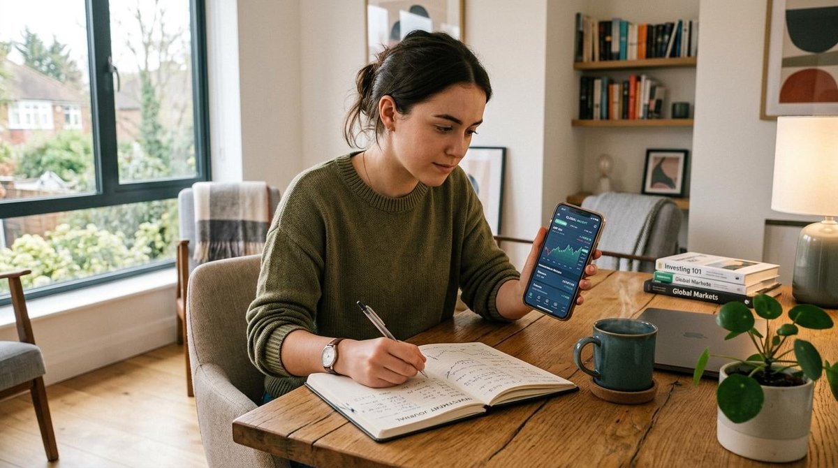 Pessoa jovem utilizando smartphone e notebook para acessar plataforma de investimentos internacionais, ambiente doméstico contemporâneo com xícara de