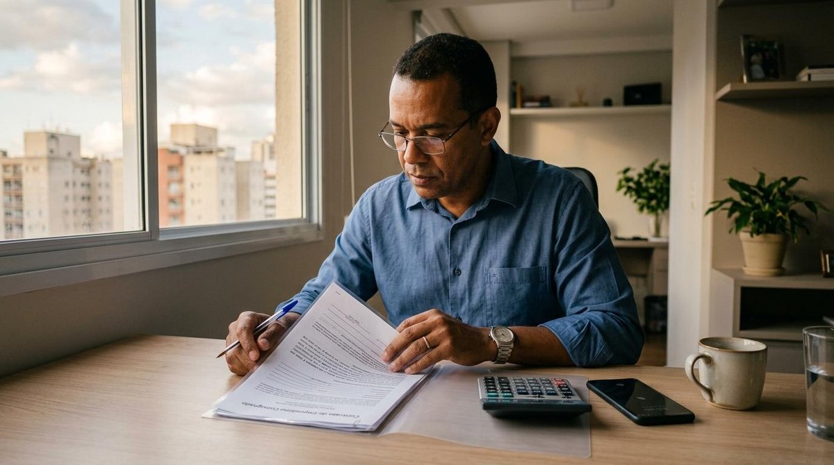 Homem analisando papéis com uma calculadora ao lado