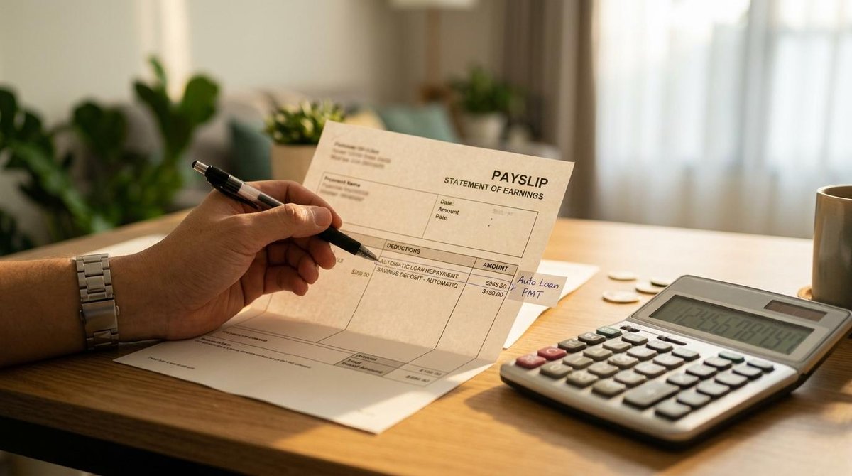 Pessoa olhando para o holerite de pagamento com uma calculadora ao lado
