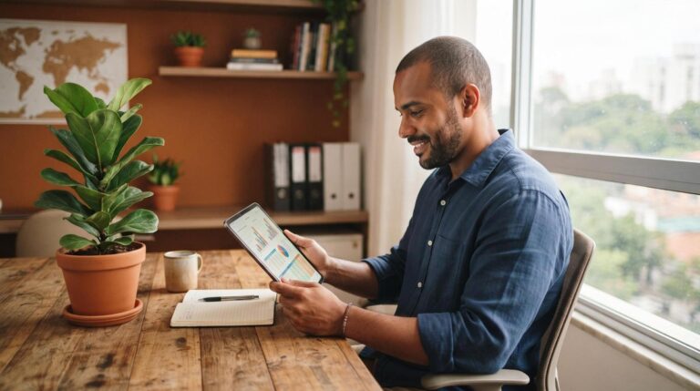 Pessoa empreendedora analisando relatório de sustentabilidade em um tablet em seu pequeno negócio