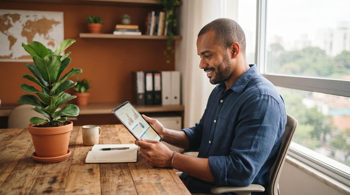 Pessoa empreendedora analisando relatório de sustentabilidade em um tablet em seu pequeno negócio