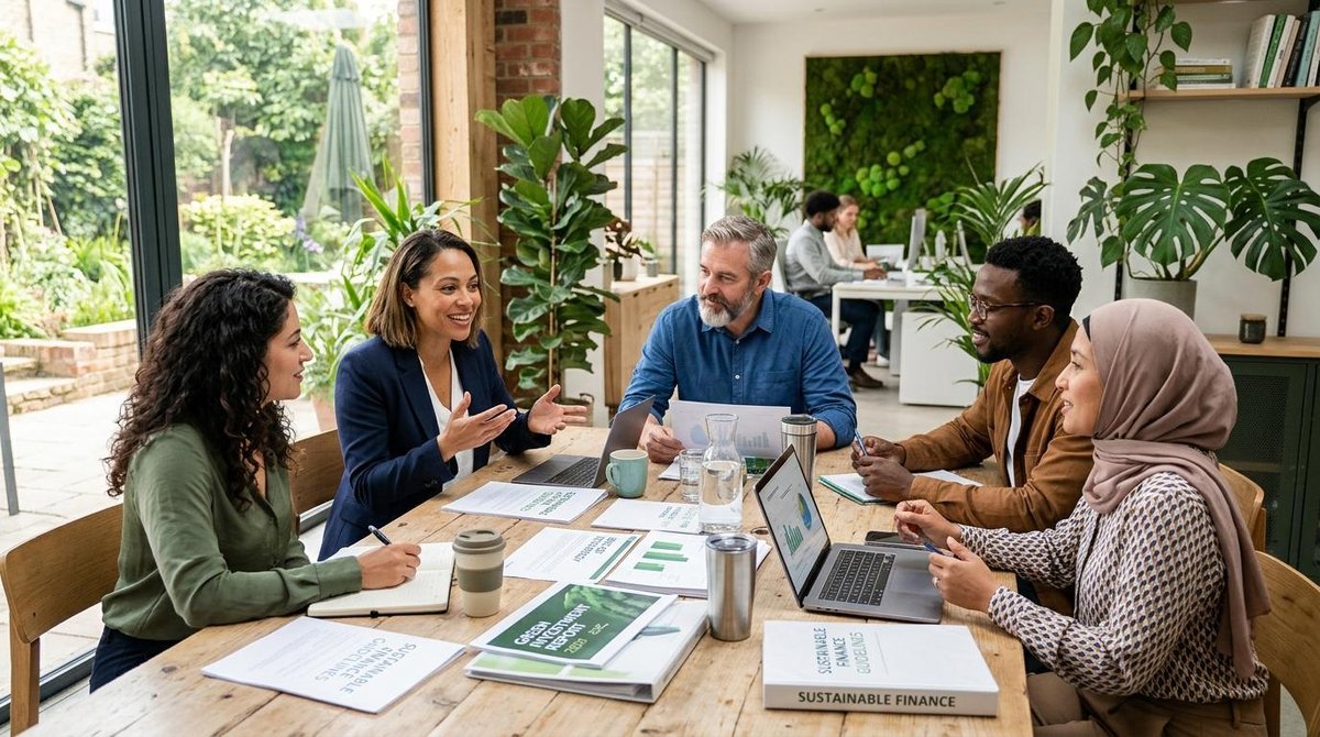 Estratégias de finanças verdes para pequenas empresas que querem crescer com sustentabilidade 2 Reunião entre pequenos empresários em um ambiente de trabalho contemporâneo, com documentos sobre finanças sustentáveis sobre a mesa e elementos de de
