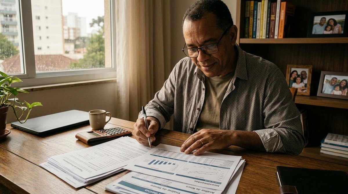 FGTS antecipação do saque-aniversário: como funciona e o que avaliar antes de contratar 3 Homem escrevendo em papéis como uma calculadora ao lado