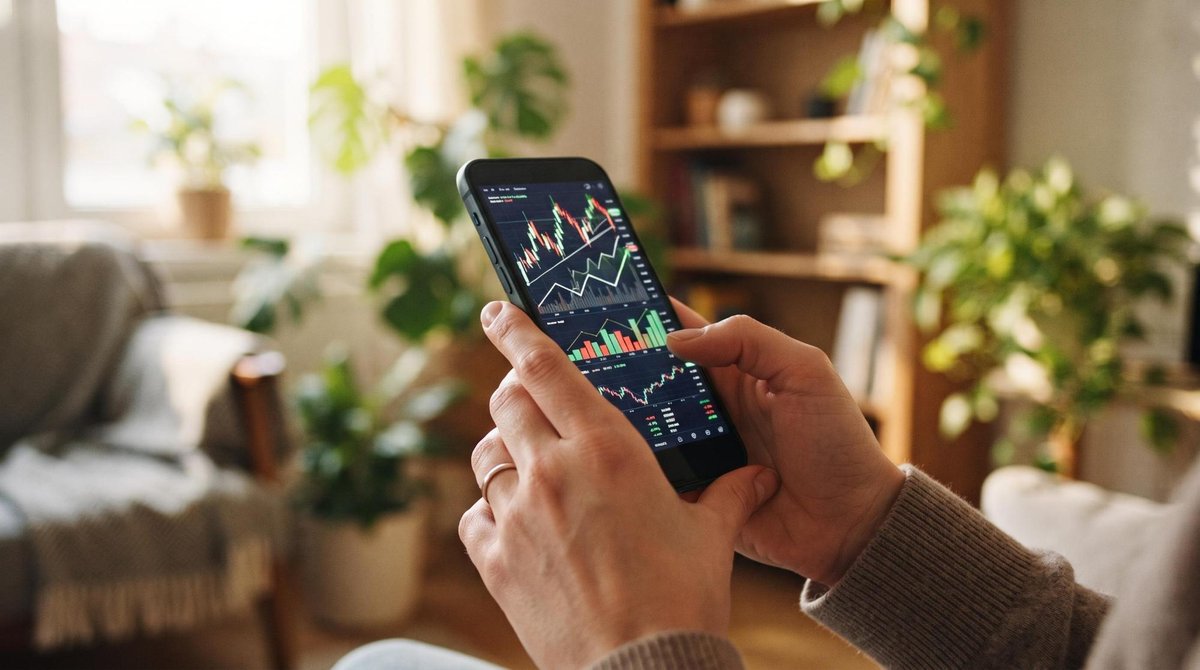 Close das mãos de uma pessoa segurando smartphone aberto em um aplicativo de investimentos, com gráficos de rendimentos visíveis na tela, fundo desfoc