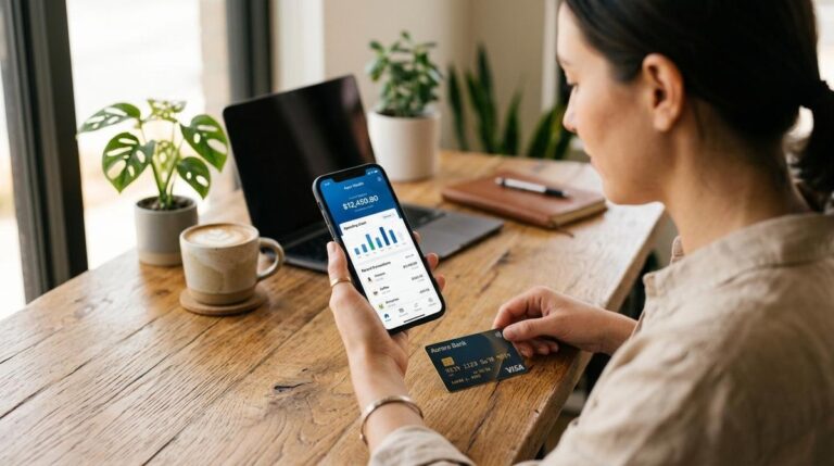 Mulher com o celular no aplicativo do banco enquanto segura um cartão de crédito