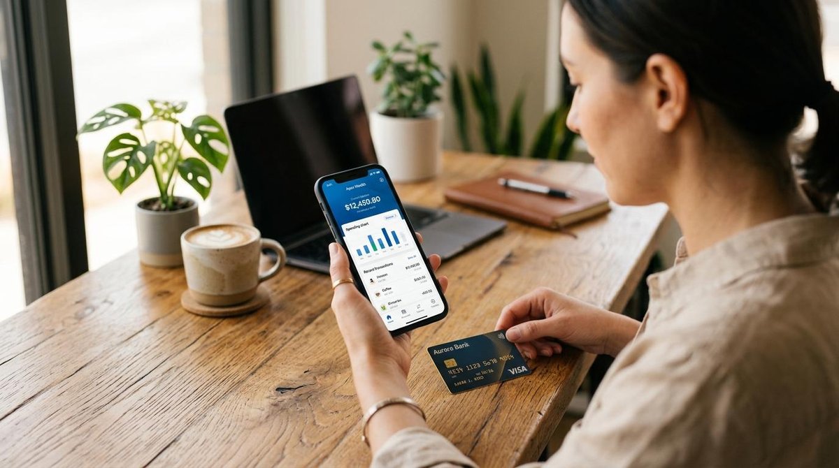 Mulher com o celular no aplicativo do banco enquanto segura um cartão de crédito