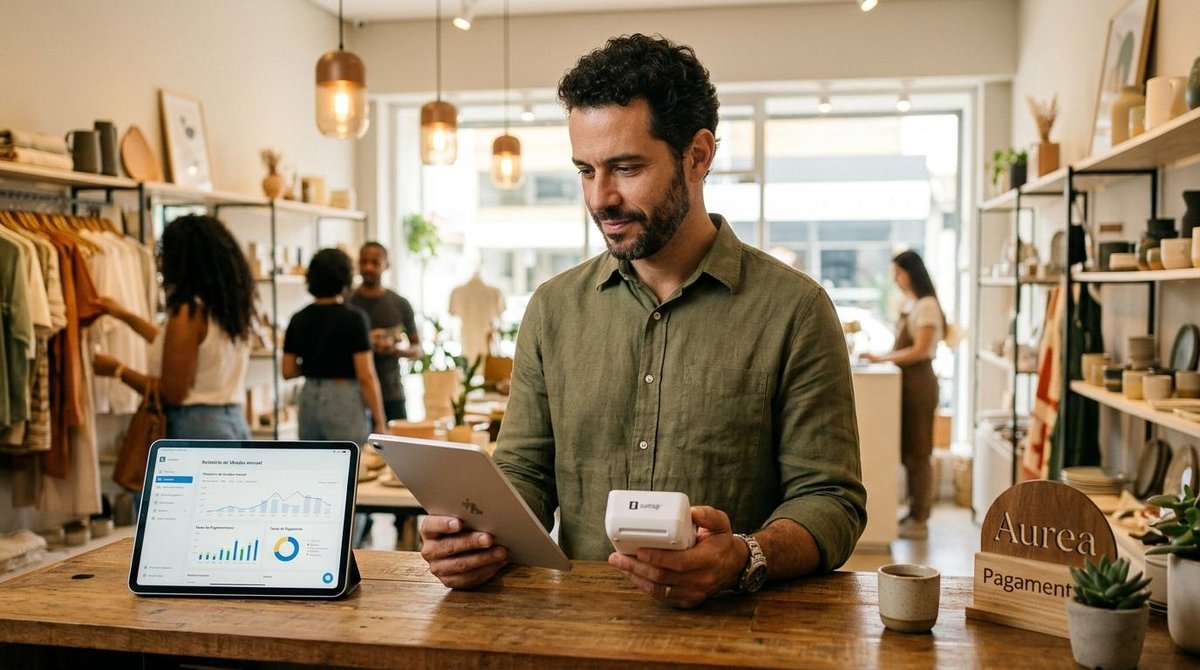 Homem segurando uma maquininha de cartão e um tablet em mãos