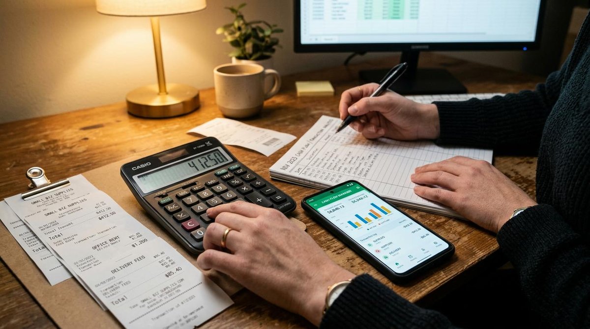 Mercado Pago vs Cielo: qual escolher para o seu negócio e como decidir com segurança 3 Pessoas em uma mesa de escritório fazendo cálculos pela calculadora e celular