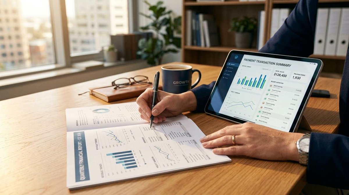 Mercado Pago vs PagSeguro: qual é melhor para pequenos negócios na prática 3 Pessoa analisando gráficos em um papel com um tablet ao lado