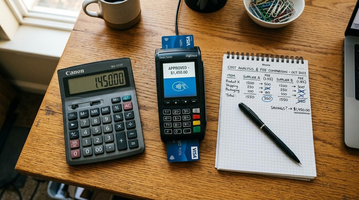 Mercado Pago vs Stone: qual maquininha escolher para o seu tipo de negócio 3 Maquininha de cartão ao lado de uma calculadora e um caderno