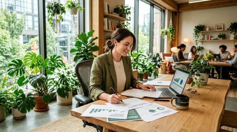 Pessoa empreendedora analisando indicadores de sustentabilidade em um caderno ao lado de um computador