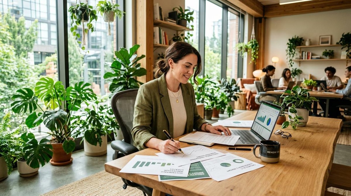 Pessoa empreendedora analisando indicadores de sustentabilidade em um caderno ao lado de um computador