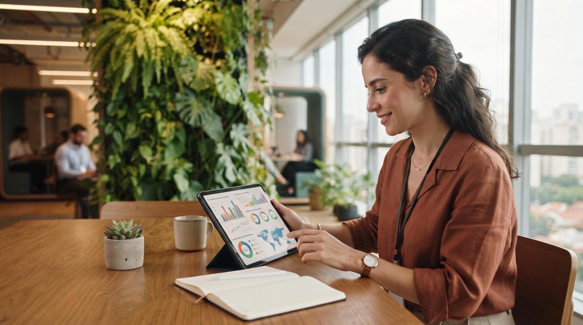 O que é um negócio sustentável e como transformar sua empresa com práticas reais 2 Profissional brasileira analisando indicadores de sustentabilidade em um tablet, com gráficos e relatórios visíveis, em um escritório contemporâneo co
