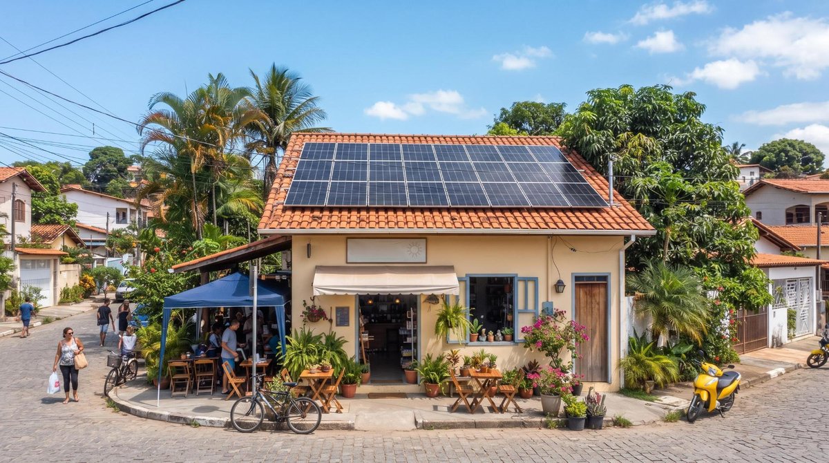 O que é um negócio sustentável e como transformar sua empresa com práticas reais 3 Pequeno estabelecimento comercial brasileiro com painéis solares instalados no telhado, em um dia ensolarado, mostrando a integração entre viabilidade