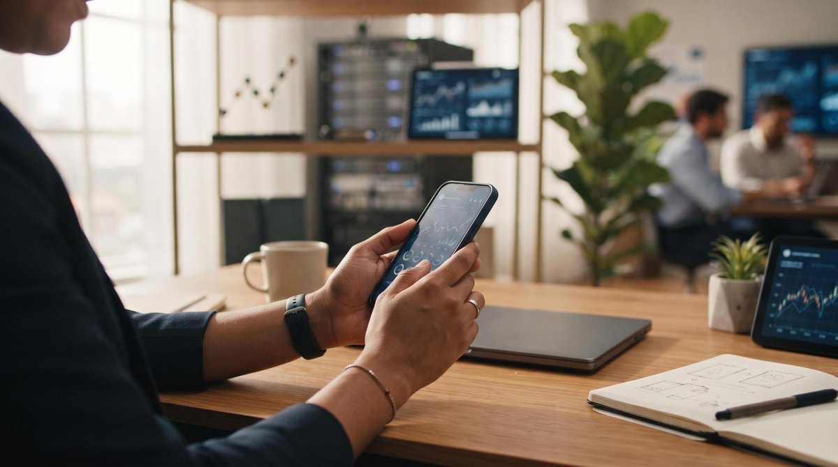 Mãos de uma pessoa adulta brasileira segurando um smartphone em uma mesa de escritório organizada com elementos visuais de tecnologia financeira digit