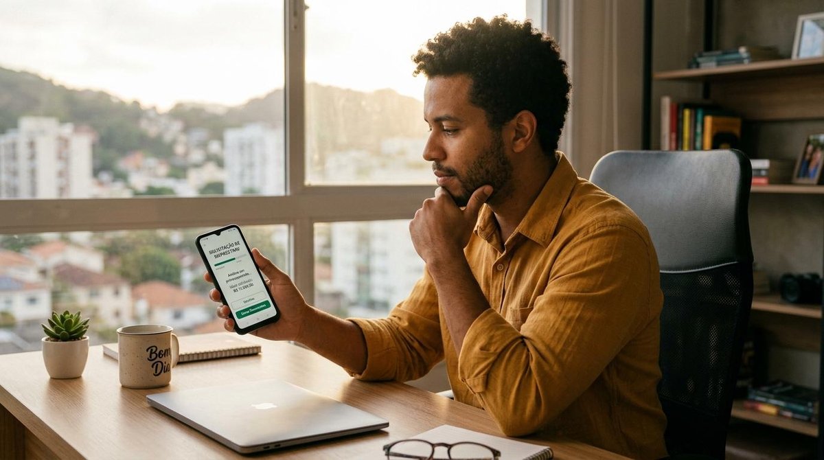 Homem com celular em mãos fazendo o cadastro no aplicativo do banco