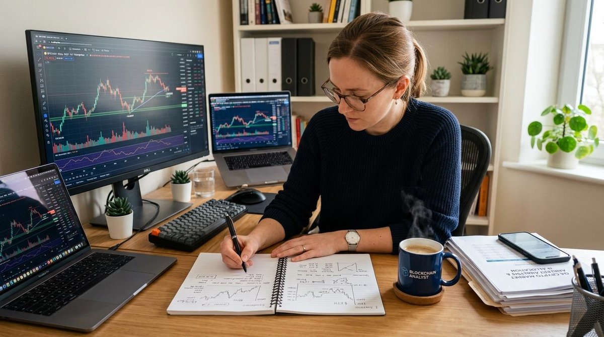 Regulação de criptomoedas no Brasil: estado atual e o que muda com as novas regras 2 Profissional analisando gráficos de criptoativos em um notebook sobre uma mesa de trabalho organizada, com xícara de café e documentos ao lado, tons q