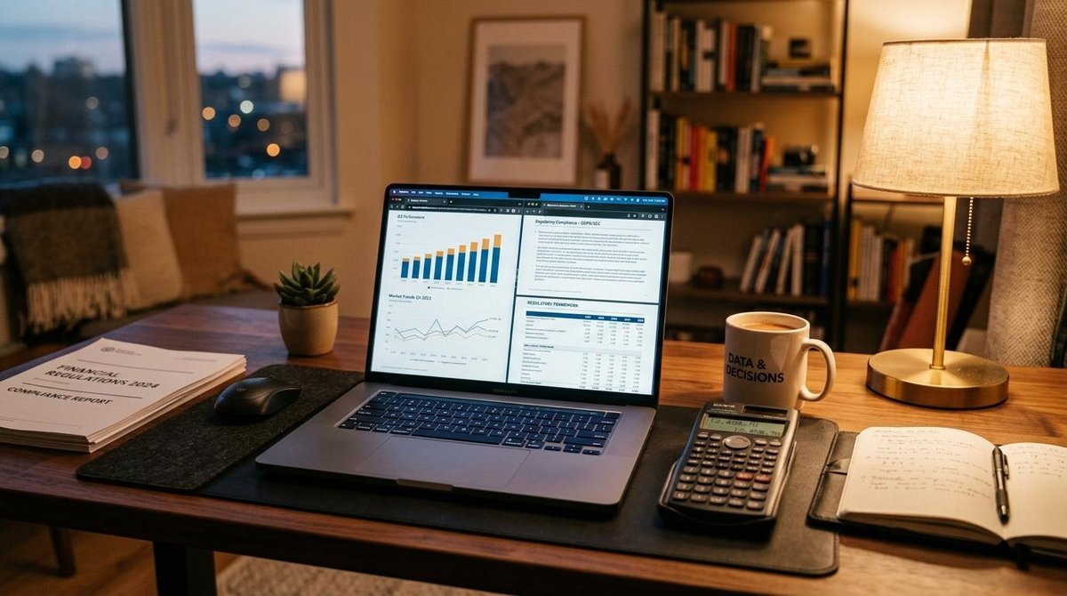 Regulação de criptomoedas no Brasil: estado atual e o que muda com as novas regras 3 Mesa de trabalho moderna com laptop aberto mostrando gráficos financeiros, documentos regulatórios e calculadora, iluminação ambiente aconchegante e t